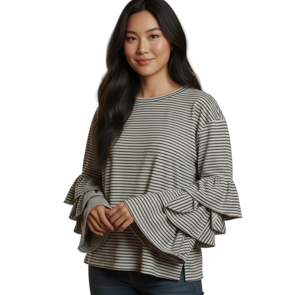 NOE HEIGHTS Ruffle Sleeve Striped Long Sleeve Shirt Top - Picture 1 of 8